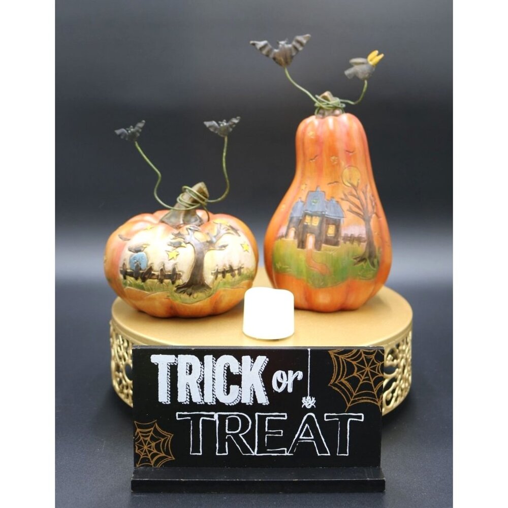 Handmade Carved Artisan Pumpkin Set with Fall and Halloween Scenes.